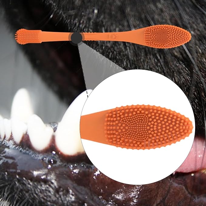 Pet Toothbrush Silicone Double Headed 360 Degree Cleaning Soft Bristles Easy to Handle Ergonomic Grip Suitable for Dog Home Use, Orange