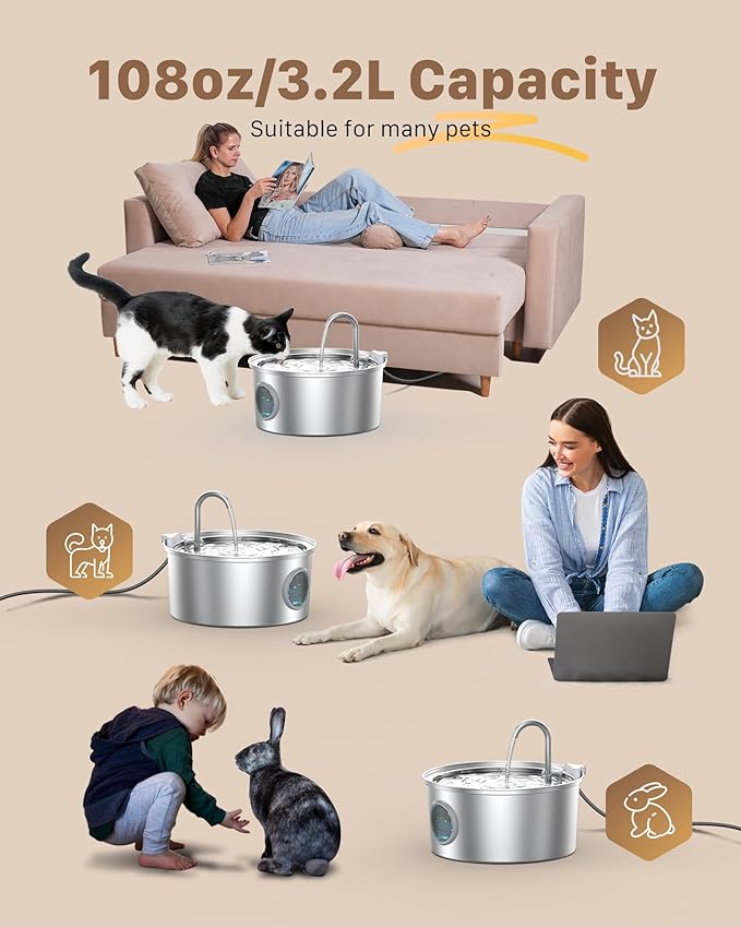 Pet Water Fountain Stainless Steel: 108oz/3.2L Cat Water Fountains for Cats Indoor - Metal Cat Fountain Bowl - Faucet Kitty Fountains with Led Light - Cats Pet Fountain for Drinking