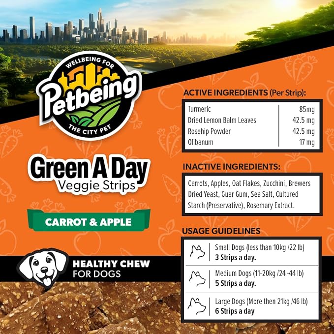 Green A Day Veggie Strips for Dogs | Vegetarian Dog Chews with Pumpkin, Carrot & Apple | Daily Wellness Treats with Fruits & Vegetables | Mix Pack, 4 Pack, 3 oz