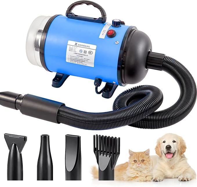 Upgraded 2-in-1 Pet Hair Dryer and Vacuum, Dog Grooming | with Switchable Hose, Adjustable Temp & Speed, Low Noise, 4 Nozzles,Brush, trim and deshed at home, less flying fur