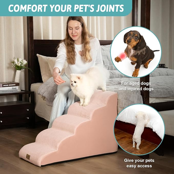 COZY KISS Dog Stairs for High Bed 22.6" H, Small Dog Step for Puppy, Older or Cat, Curved Ramp for Car, Ladder with High Density Foam, Lightweight, Durable, 15.7x33x22.6 inch, 5 Step, Pink