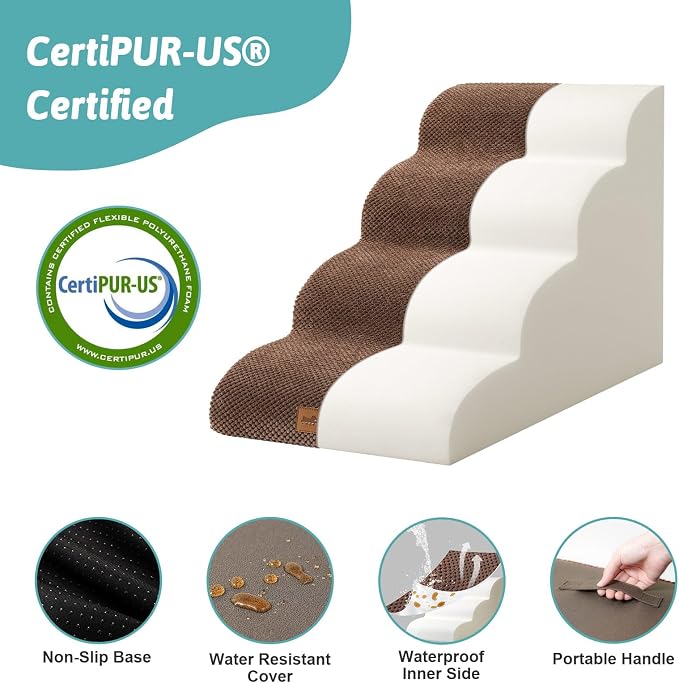 COZY KISS Wide Dog Stairs for Small Dog 19.7" H, 4 Step Pet Ramp for Bed | Curved Stable Dog Step for Puppy, Older Cat, Senior, Medium, Short-Legged Dog, Non-Slip Ladder, 17.7 inch Width, Brown
