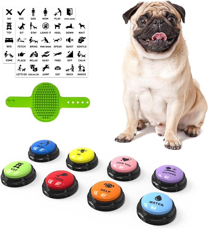 Dog Buttons for Communication, 8 Pack, with Non-Slip Mat & Bath Brush