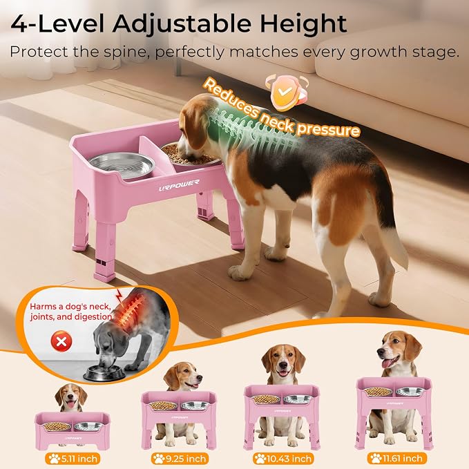URPOWER Mess Proof Elevated Dog Bowls 4 Height Adjustable Raised Bowl Stand with 2 Stainless Steel Dog Bowls Non-Slip Food and Water Bowl Set for Small and Medium Dogs, Pink