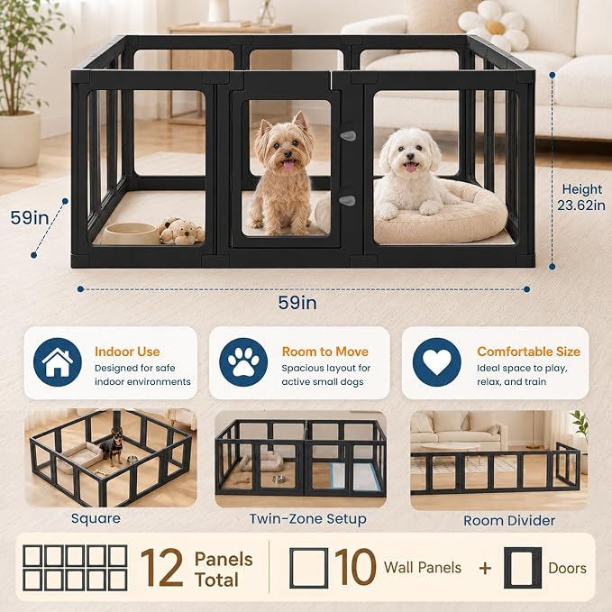 Acrylic Dog Playpen with Toilet, Clear Puppy Play Pen Indoor Puppy Play Pen Tool-Free Assembly Detachable Pet Fence Kennel for Small Dog, Cat, Rabbit (24 Inch, 12 Panels, Black)