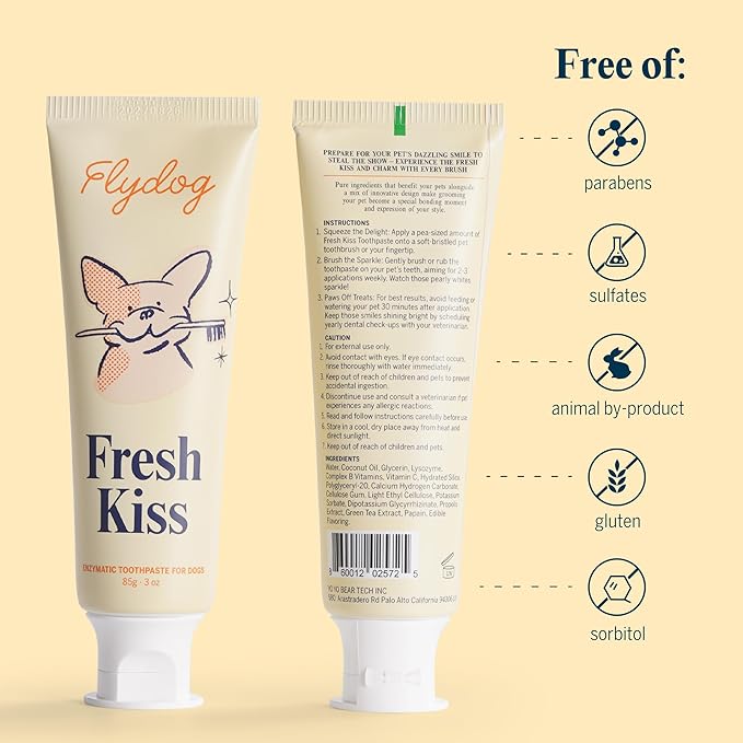 Flydog Fresh Kiss Dog Tooth Brushing Kit, Enzymatic Dog Toothbrush and Toothpaste- Vet Approved Formula, Breath Freshener & Tartar Remover, 360° Toothbrush for All Round Cleaning (Chicken)