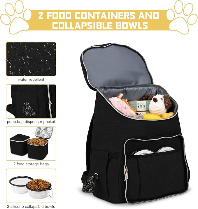 BAGLHER Travel Dog Backpack - Detachable Travel Dog Food Container for Pet Supplies Dog Gear Backpack,Dog Bag for Traveling with 2 Silicone Collapsible Bowls and 2 Food Baskets Black