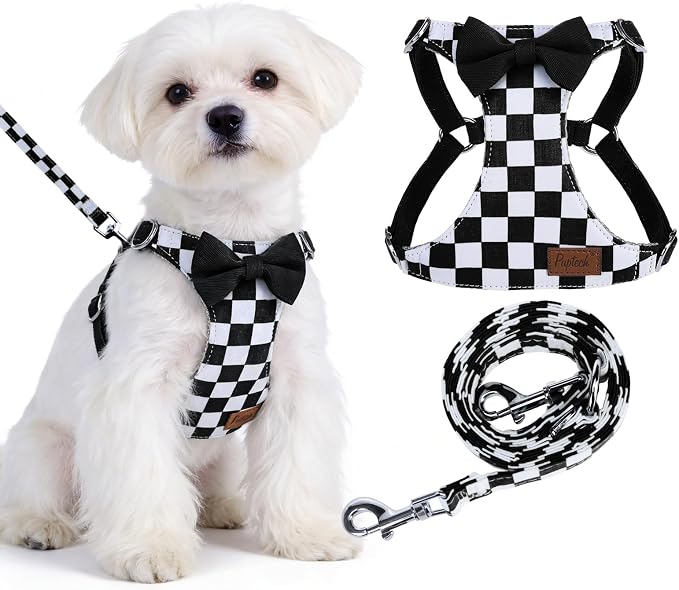 PUPTECK Dog Harness and Leash Set Small Sized, Lightweight Step-in Puppy Harness, Escape Proof No Pull Cute Pet Vest Harnesses, Black&White Checkered XS