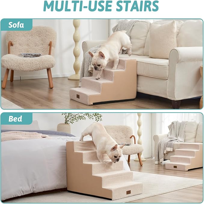 COZY KISS Dog Stairs for Small Dogs, 5 Step Pet Stairs for Beds & Couches | 23.6" H Wider Non-Slip Dog Steps for Bed, Ideal for Puppies, Senior Cats, and Small to Medium Dogs, 19.7x29.5x23.6 in, Beige