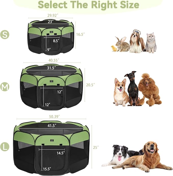 Dog Playpen for Small Dogs & Puppies, 29.92" Portable Indoor Outdoor Puppy Playpen with Bowl, Waterproof Floor, Foldable Pop-Up Pet Pen for Home, Travel & Daily Use, Green+Black