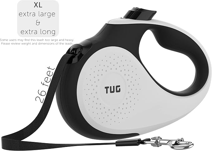 TUG XL Retractable Dog Leash, 26 ft (Extra Large, White) | 360° Tangle-Free Retraction, 26 ft Tape, Quick Thumb Lock, Anti-Slip Handle, For Dogs Under 110 lbs