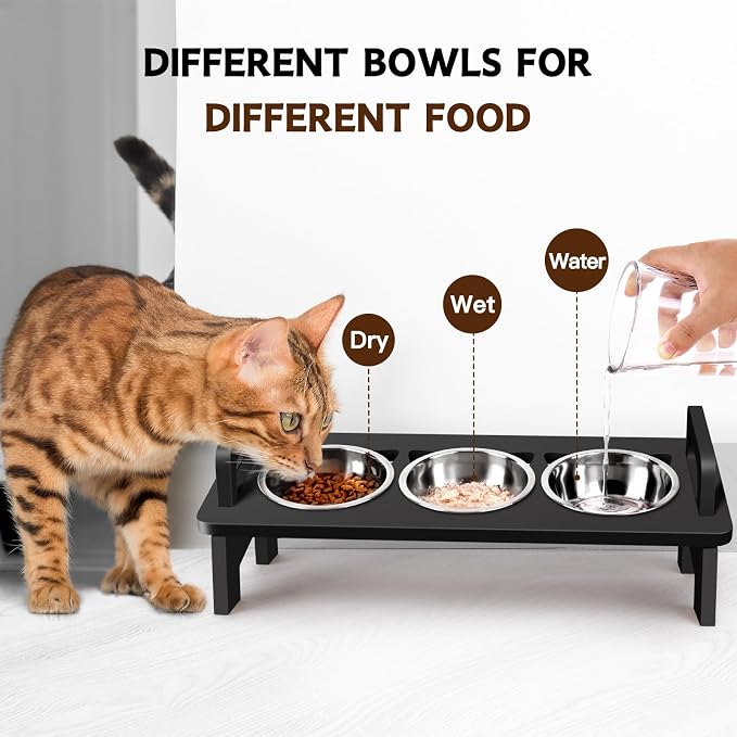 Bamboo Elevated Cat Bowls, 3 Stainless Steel Raised Cat Bowl with Stand, 15°Tilted Cat Feeding Station, Cat Food and Water Bowl Set for Small Cats, Anti Vomitting, Whisker Fatigue (Black)