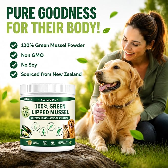 Pure Green Lipped Mussel Powder for Dogs & Cats – 100% Natural Hip & Joint Supplement Powder Supports Joints, Tendons, Ligaments & Muscles – 75 Grams – Up to 375 Servings
