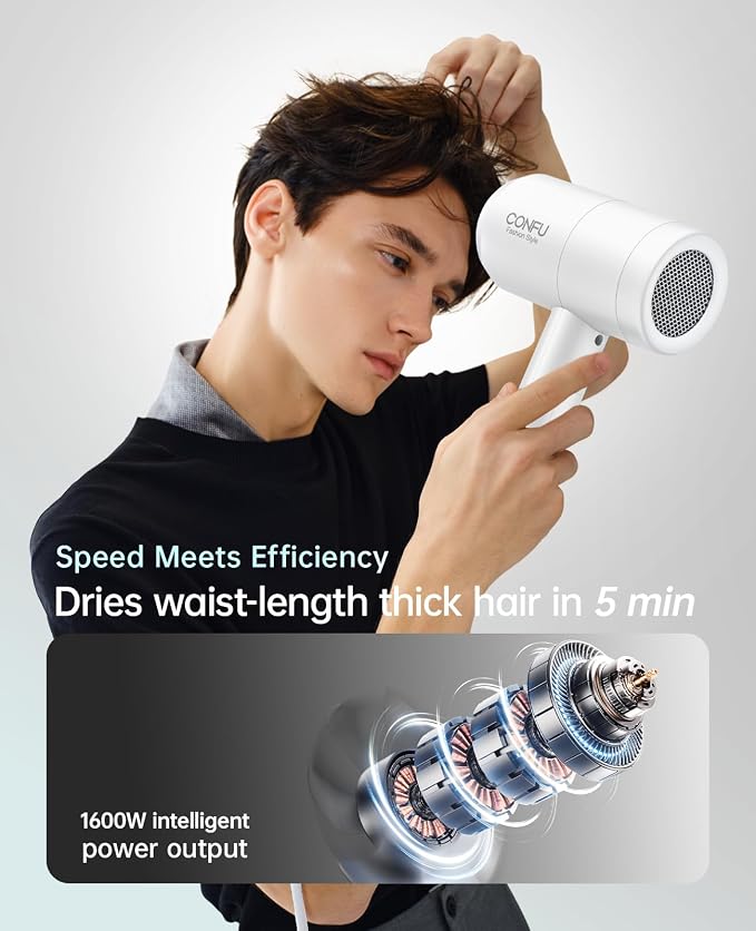 Hair Dryer with Diffuser, CONFU Blow Dryer for Curly Hair for Women Men | 21000PRM Travel Hair Dryer, Portable Lightweight Fast Drying Negative Ion Hairdryer for Home & Travel