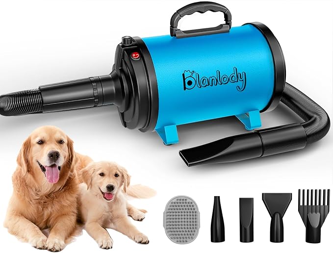 Dog Hair Dryer, High Velocity Pet Blower Grooming Dryer, Blue | Dog Blow Dryer, 3800W/5.2HP for Large Dogs, Stepless Adjustable Speed, 4 Different Nozzles, Dog Brush Included