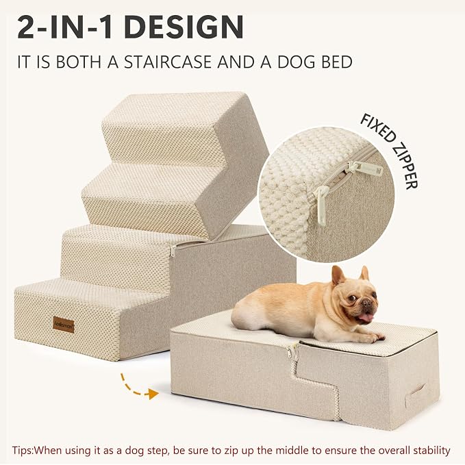Aodisman Dog Steps for Bed and Couch, 4-Step Pet Stairs for Small Dogs, Indoor Non-Slip Dog Stairs for Old Cats, Puppy, Small Medium Dogs,18.5" H,Beige