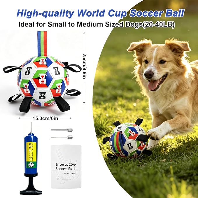 Rensh Dog Soccer Ball with Straps 6 Inch, Interactive Dog Ball for 20-40 lb | Outdoor and Indoor, PU Material, Erratic Bounce, Buoyant Water Toy, Pump Included, Not for Aggressive Chewers