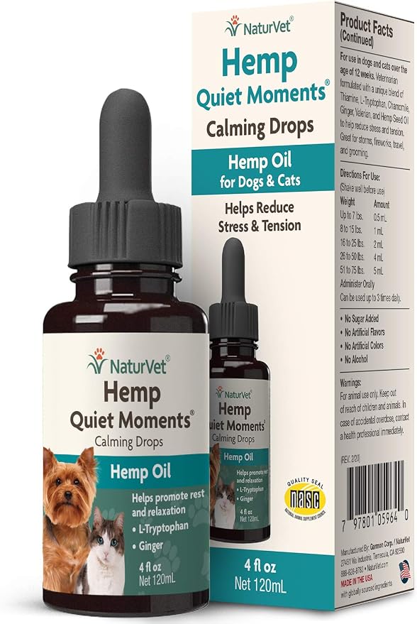 NaturVet Hemp Quiet Moments Calming Drops for Dogs & Cats, 4 oz