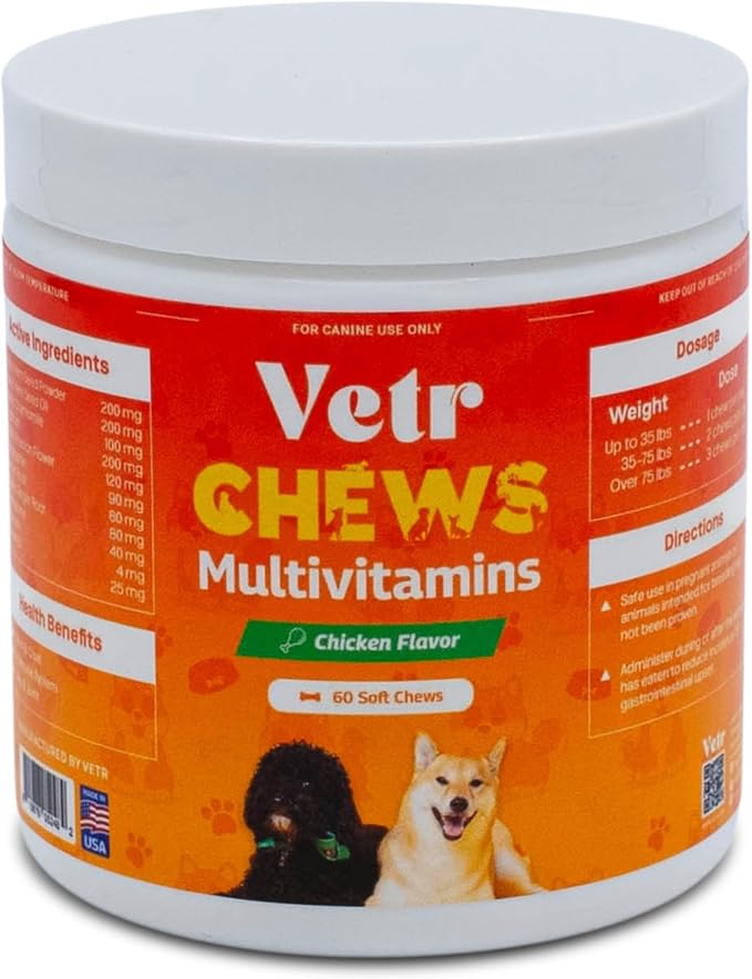 Vetr Dog Multivitamin Treats, 60 Chews Chicken Flavor, Daily Pet Dog Vitamins and Supplements with Glucosamine, Chondroitin, & Probiotics, Hip & Joint, Immune Support, & Digestive Care