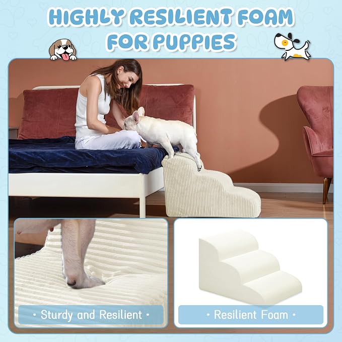 Mesa Lemon Dog Stairs & Steps for High Beds, 2 Steps High Density Foam Waterproof Dog Ramp for Small Dogs and Cats, Pet Stairs with Washable Cover for Bed, Couch, Sofa and Car, Beige (H: 11.8")