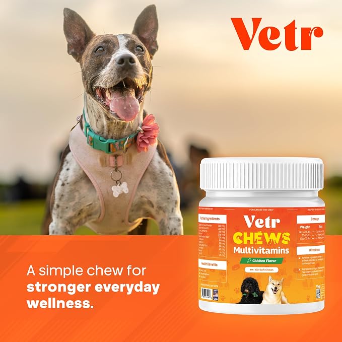 Vetr Dog Multivitamin Treats, 60 Chews Chicken Flavor, Daily Pet Dog Vitamins and Supplements with Glucosamine, Chondroitin, & Probiotics, Hip & Joint, Immune Support, & Digestive Care