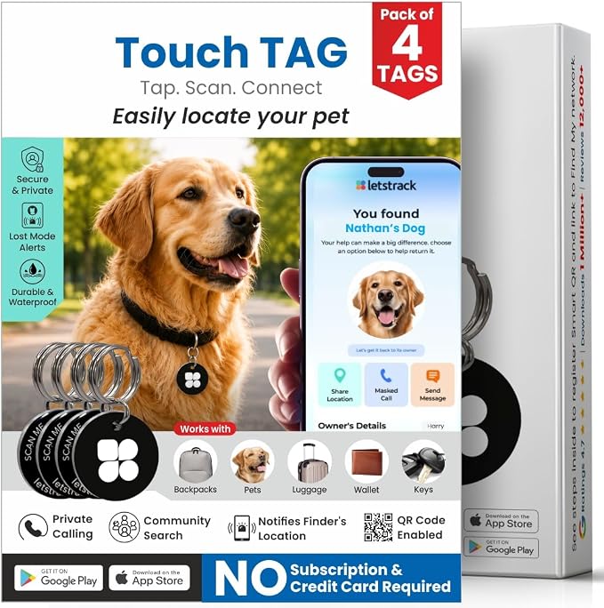 Personalised 4Pcs Dog & Cat Smart QR Pet Tag | Private Calling | IP67 Name ID Tracker Anti-Lost Scratch-Resistant Pet Keychain Style for Doggy Kitten Kitty Puppy | Instant Location Alerts