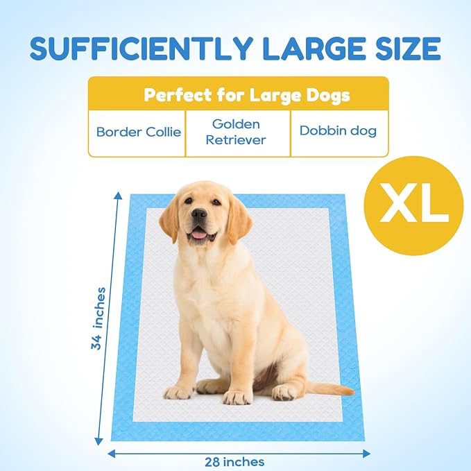 JollyMate 28"x34" Dog Pee Pads Extra Large, 30 Pack X-Large Super Absorbent Pet Pee Pads with Adhesive Tabs, 6 Layers Thick Leak-Proof Potty Pads for Dogs and Puppies
