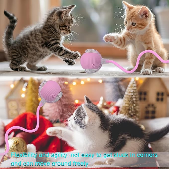 Interactive Cat Dog Toy Ball: Indoor Automatic Moving Smart Rolling Fun Pet Game with Led Light and Tail for Motion Activated, Kitten Puppy Present, Chase Exercise, Hunting Simulation-Upgrade (Pink)