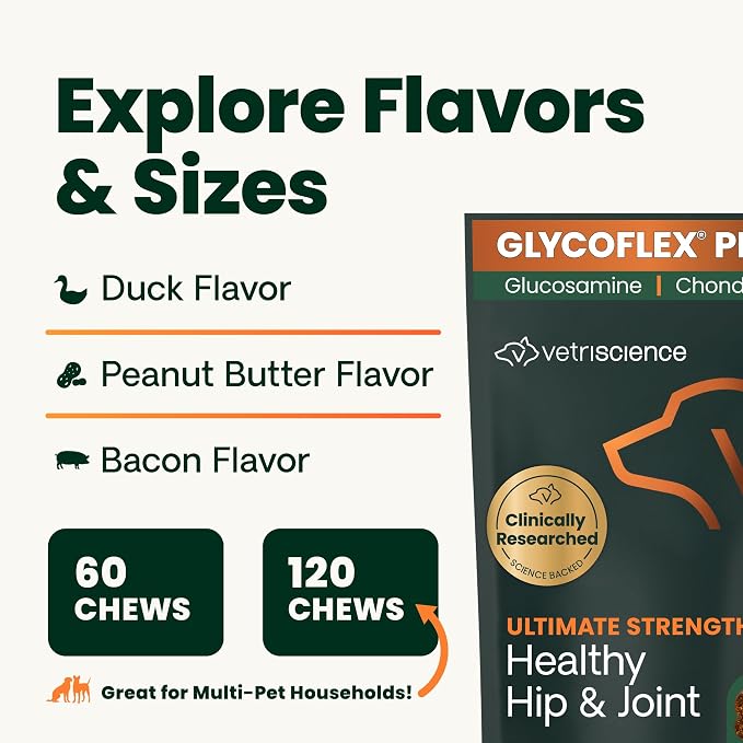VetriScience Ultimate Strength Hip & Joint Supplement for Dogs, GlycoFlex Plus – MSM, Chondroitin & Green-Lipped Mussel Chews for Mobility, Flexibility, Comfort & Support, Peanut Butter Flavor 120 Cnt