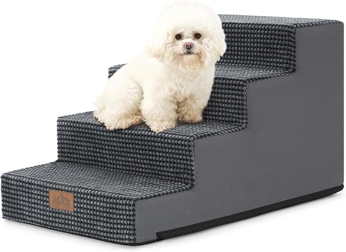 COZY KISS Dog Stairs for Small Dogs, 4 Step Pet Stairs for Beds & Couches | 15.7" H Non-Slip Dog Steps for Bed & Sofa, Gentle Incline for Puppies, Senior Cats, and Small Dogs, Charcoal Grey