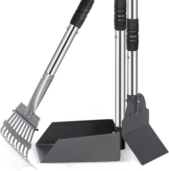 Heeyoo Dog Pooper Scooper, Dog Poop Tray and Rake Set, Pet Waste Removal Scoop with Long Adjustable Sectional Stainless Handles