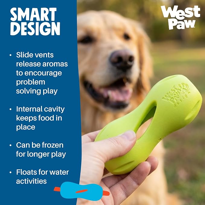West Paw Qwizl Durable Zogoflex Dog Puzzle Toy for Mental Stimulation, and Enrichment - Treat Dispensing for Bully Sticks and Dental Sticks - Dishwasher Safe - Made in USA - Small - Aqua