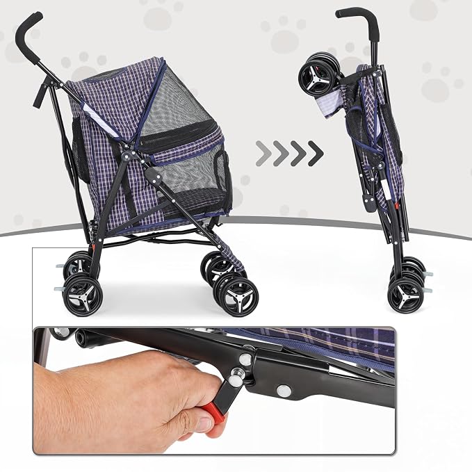MoNiBloom 4-Wheel Foldable Pet Stroller - Plaid, up to 22lbs