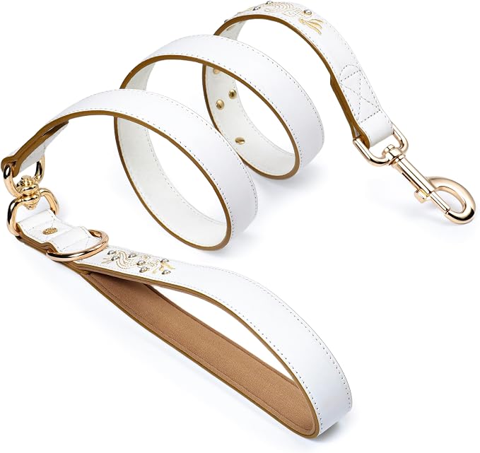 Blueberry Pet Elegant Western Luxury White Leather Dog Leash with Gold Baroque Design