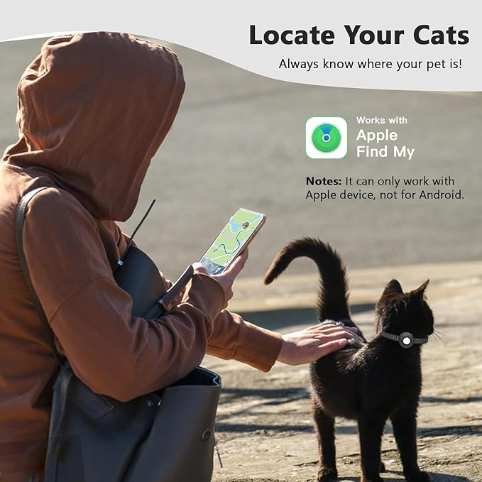 Cat Tracker,No Monthly Fee GPS Trackers for Cats Work with Apple Find My App(iOS Only),Real-Time Location Tracking,Cat Tracker GPS Collar with Safety Elastic Buckle-Black