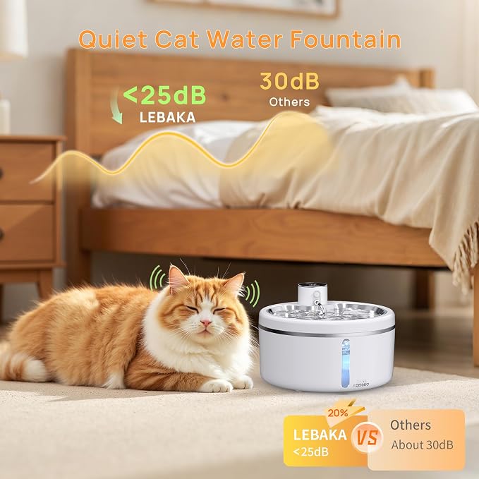 Wireless Cat Water Fountain [with Stainless Steel Tray], 84oz/2.5L Pet Fountain for Cats Inside, Cat Fountain for Drinking with Motion Sensor, Ultra Quiet for Small Animals-[BPA-Free] (84oz+8Filters)