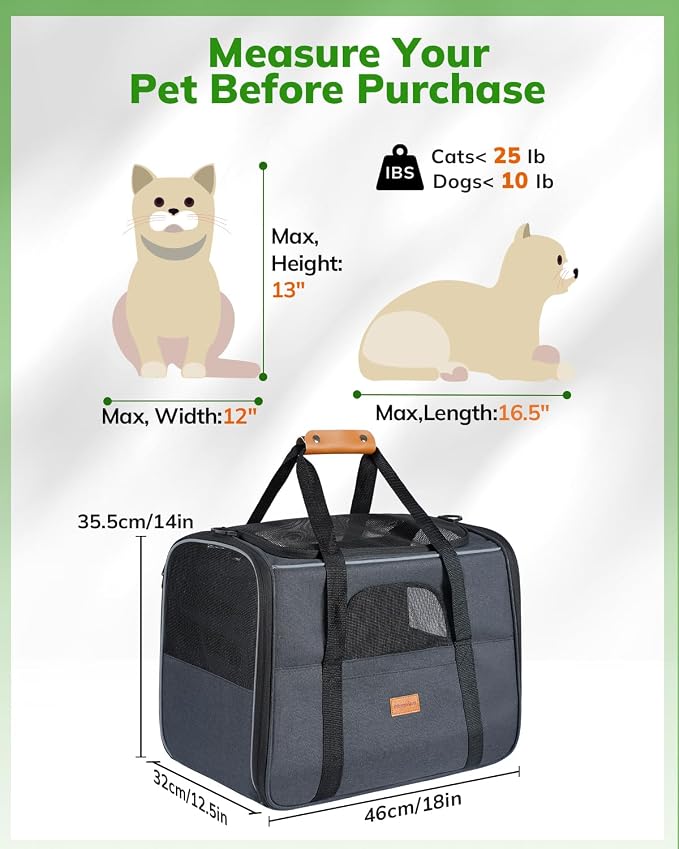 Morpilot Pet Carrier for Large Cats, Puppies & Small Dogs Up to 25lbs, Escape-Proof with Locking Zippers, Dual-Sided Cushion, Safety Buckle for Car & Vet Travel, Includes Foldable Bowl (Dark Gray)
