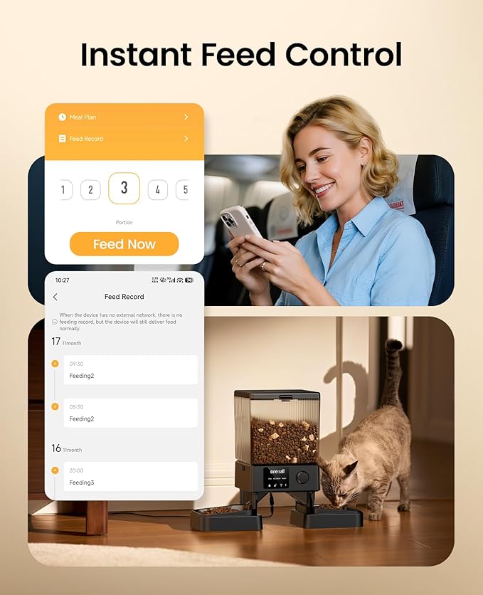 oneisall Automatic Cat Feeder with 5G WiFi, Automatic Cat Food Dispenser for 2 Cats Small Pets, 20 Cups/5L Timed Dry Food Dispenser with APP Control