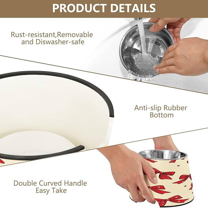 Blueangle Elevated Dog Bowls with Stainless Steel - Non-Slip 2.3 Cup High Capacity Pet Dish for Spinal Health & Red Bows Design（310）