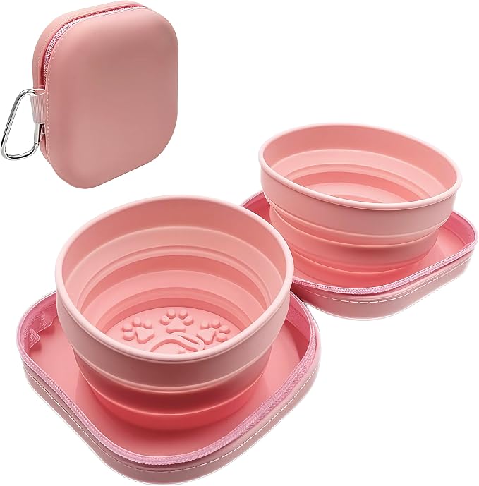 Portable Collapsible Dog Bowl, 2-in-1 with Carabiner Clip, Pink
