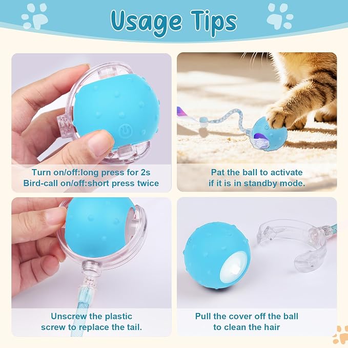 Interactive Automatic Cat Toy Ball-USB Rechargeable，Motion Activated Toy | Interactive Mode, 2 Speeds Mode, 2 Tails, Long Battery Life, Chirping, for Indoor Cats, Kitten, Works on Floor Tile Carpets
