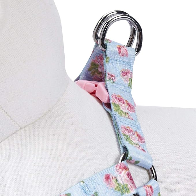 Blueberry Pet 9 Patterns Step-in Spring Scent Inspired Rose Blossom Floral Print Pastel Blue Dog Harness, Chest Girth 20" - 26", Medium, Adjustable Harnesses for Dogs