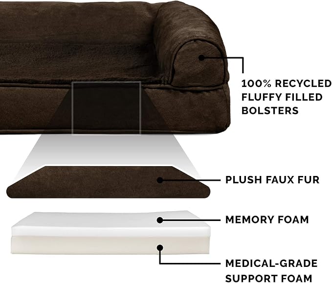 Furhaven Memory Foam Dog Bed for Medium/Small Dogs w/ Removable Bolsters & Washable Cover, For Dogs Up to 35 lbs - Plush & Suede Sofa - Espresso, Medium