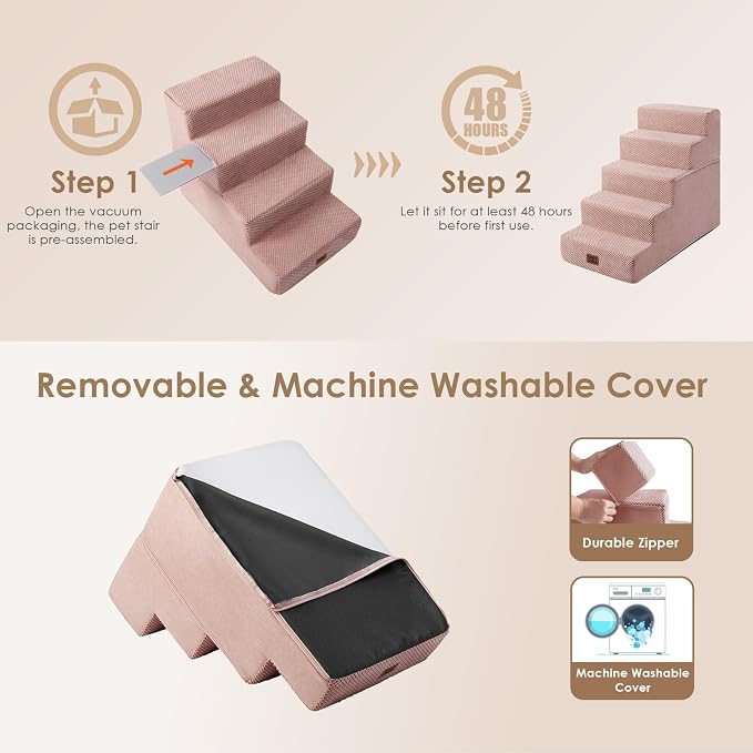 EHEYCIGA Dog Stairs for Bed 25" H, 5-Step Extra Wide Dog Steps for High Bed, Pet Steps for Small Dogs and Cats, Non-Slip Balanced Pet Ramp Indoor, Pink