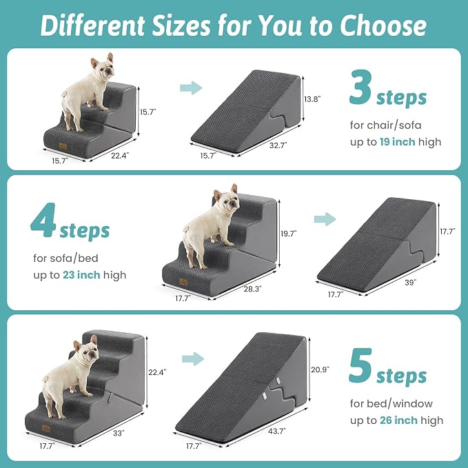 COZY KISS Dog Stairs for Small Dogs, 3-Step 2-in-1 Dog Steps,15.7" H | 3-step dog stairs and ramps for Old Cats, Puppy, Small Dogs,Non-Slip Base,for Couch & Bed, Grey