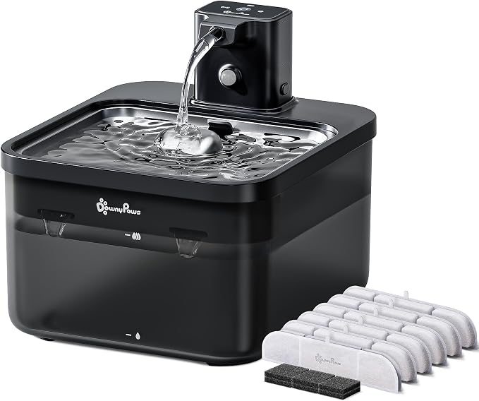 DownyPaws Cat Water Fountain Cordless, 84oz/2.5L Fursink Wireless Pet Water Fountains for Cats Indoor, Battery Operated Cat Drinking Fountain with Motion Sensor, BPA-Free, Black Pro with 6 Filters
