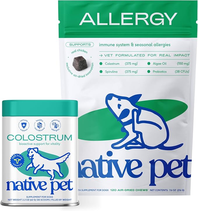 Native Pet Itch Relief Power Bundle: Colostrum for Dogs (120 Scoops) & Allergy Chews for Dogs (120 Air-Dried Chews) - Vet Created Allergy Relief & Digestive Health Boost
