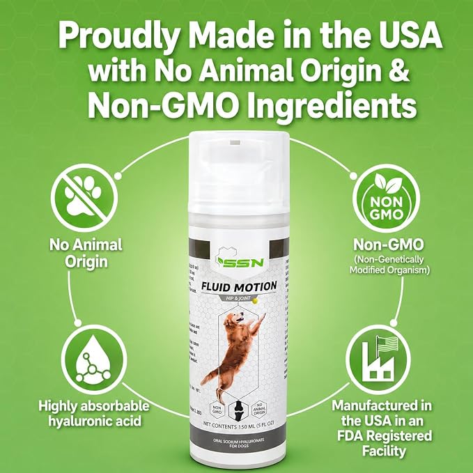 Fluid Motion - Hip & Joint Support for Dogs - Liquid Hyaluronic Acid - Mobility, Comfort and Joint Supplement for Senior Dogs - Apple Flavor - Glucosamine Alternative (60-120+ Day Supply)