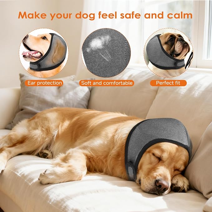 Upgraded Dog Ear Muffs for Noise Protection & Bath, NoShake EarWrap for Hematoma Prevention, Drying & Anxiety Relief, Elastic Waterproof Dog Ear Protector with Soundproof Sponge (Grey, Small)