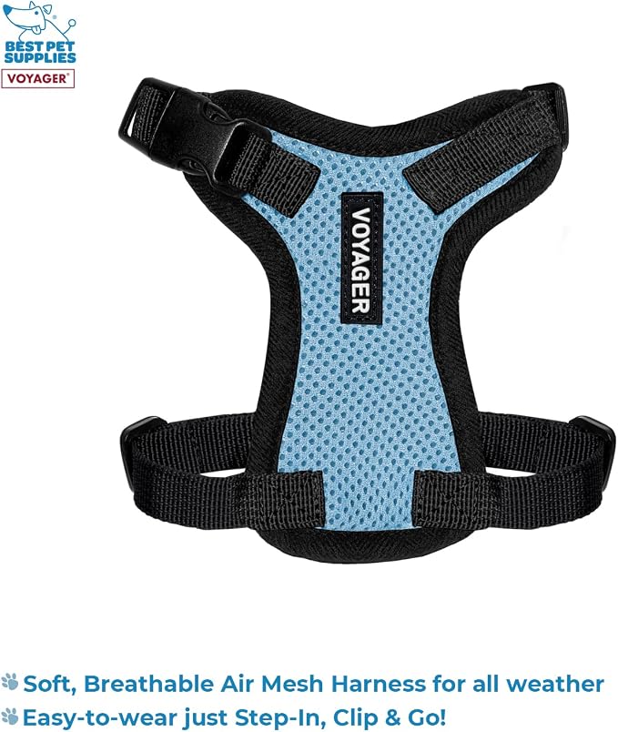 Best Pet Supplies Voyager Step-in Lock Pet Harness w Reflective Pet Leash Combo Set with Neoprene Handle 5ft - Supports Small, Medium and Large Breed Puppies/Cats - Baby Blue/Black Trim, XXXS